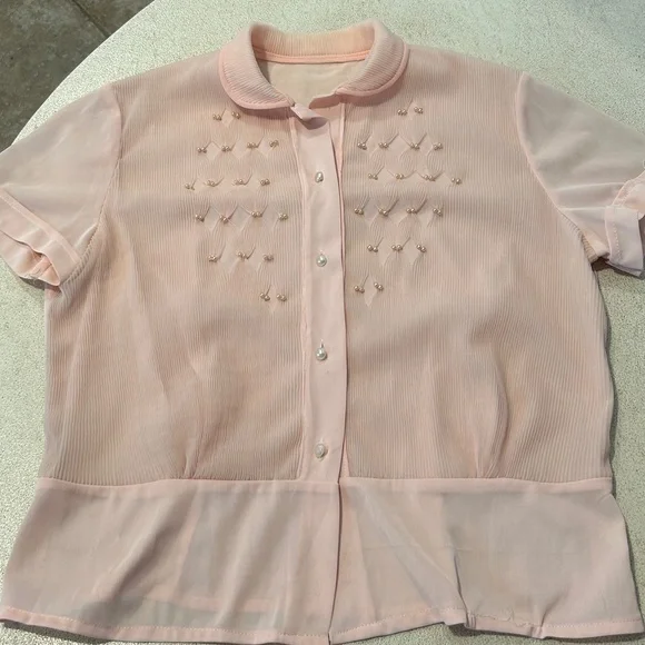 1950’s Vintage Blouse Feminine Pink Faux Pearls Pleated Size Large - Picture 9 of 9